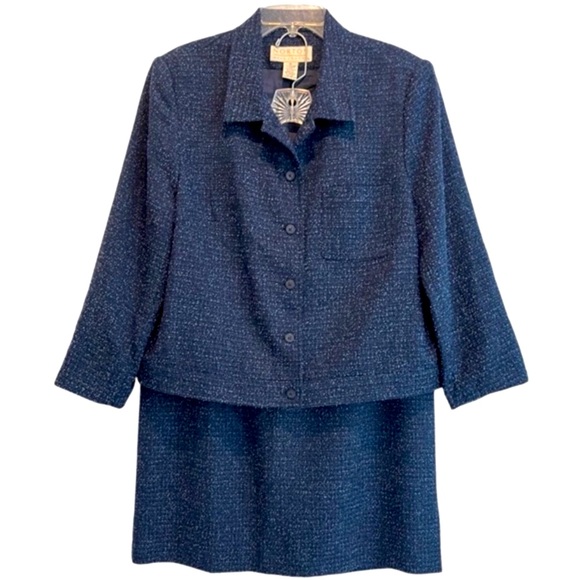 Tweed Bouclé 2 Pc Skirt Blazer Set Professional Suit Blue Gray Black Size 16 - Picture 3 of 16